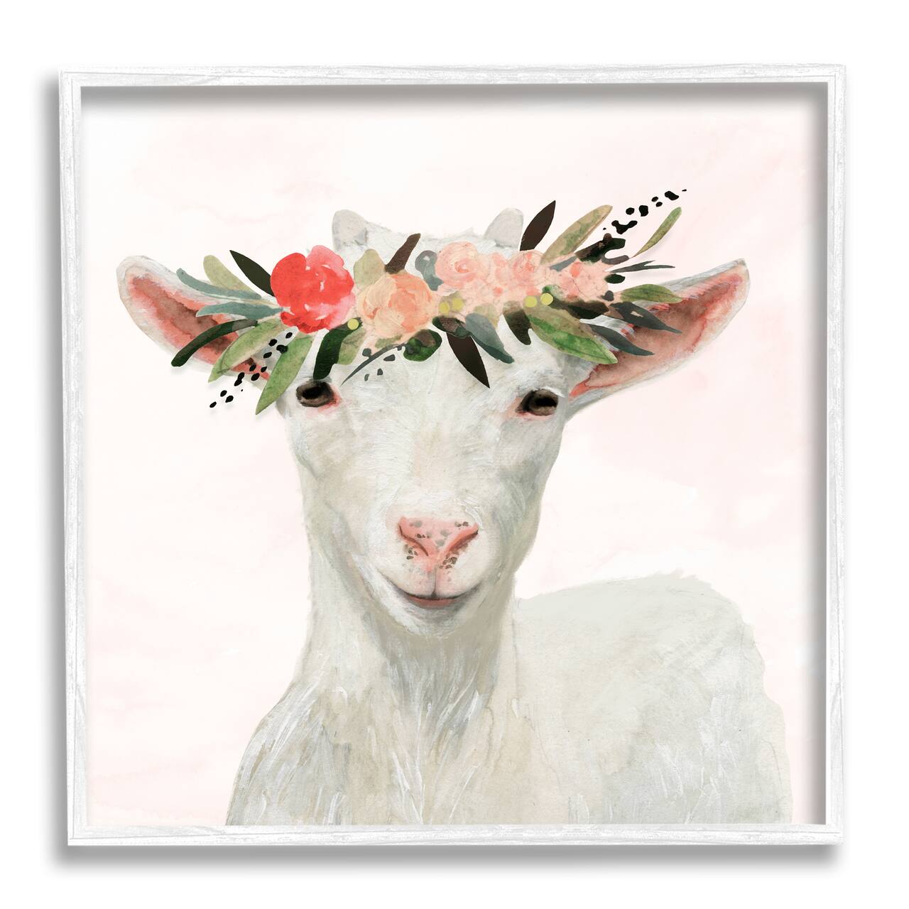 Stupell Industries Springtime Flower Crown Baby Goat Wall Accent with White Frame
